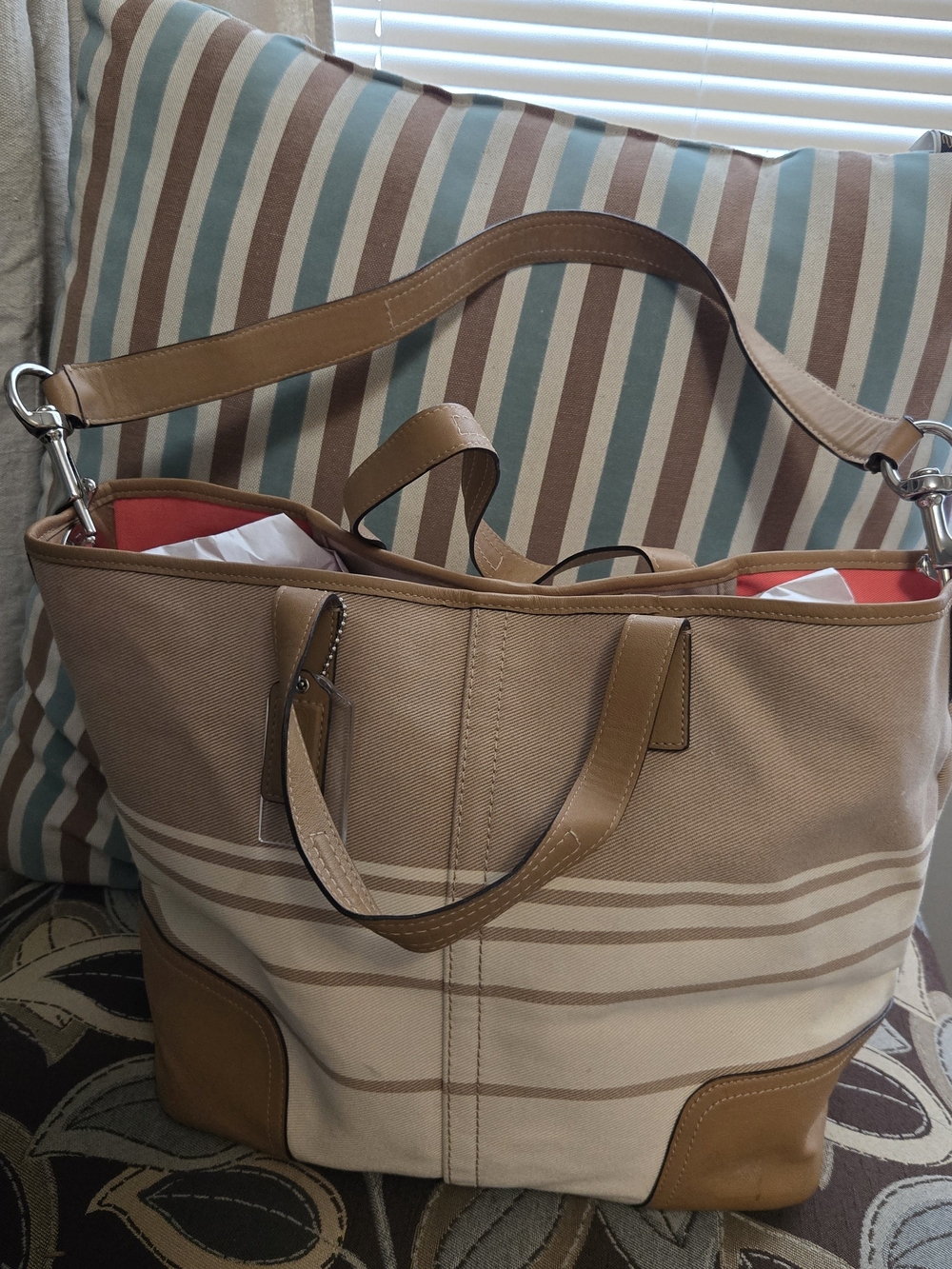 Coach Hadley Stripe Tote Purse F29921 Canvas with Leather Trim